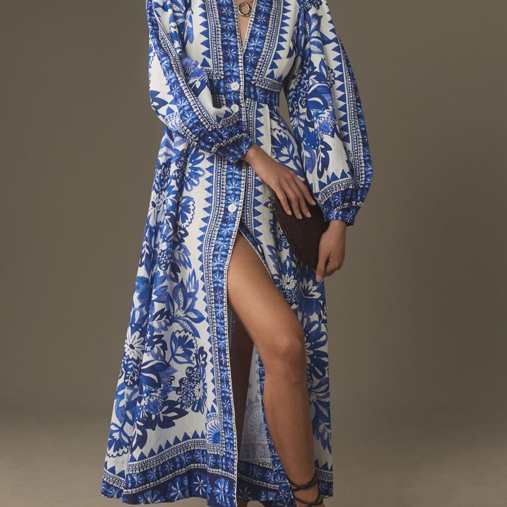 FARM Rio Blue and White Long-Sleeve Floral Button-Front Maxi Dress